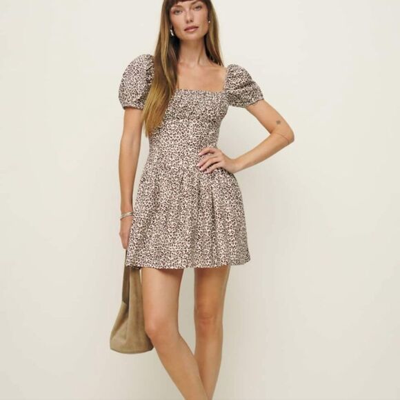 Reformation Marielle Mini Brown Dress Leopard Size 10 - Picture 3 of 10